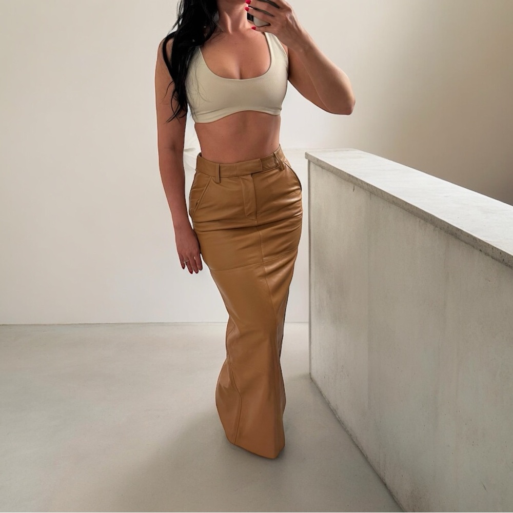 Camila Coelho Anabella Leather Maxi Skirt in Camel size XS New With Tags